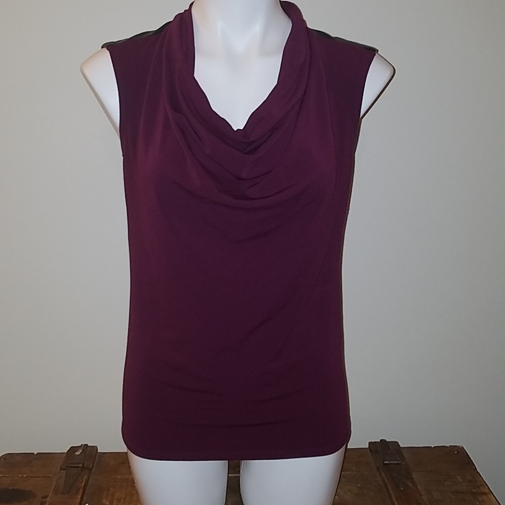 Imitation Leather Trimmed Sleeveless Blouse